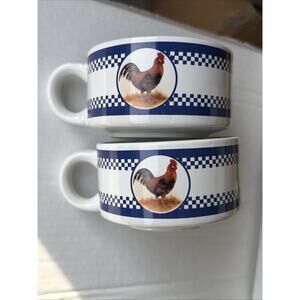 Set Of 2 Rooster Soup Mug Bowl Checkered Border Chicken Motif Soup Bowl For Gift
